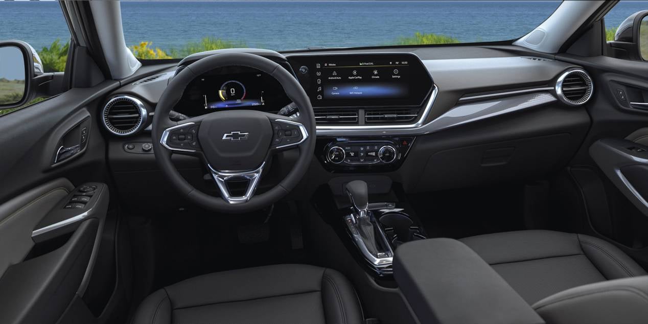 close up interior view of the front seat and dashboard of a 2025 Chevrolet Trax